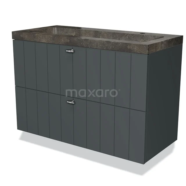 Dunkelgraue Badmöbelset mit Holzoptik-Paneelen, Doppelwaschbecken und Betonplatte, ideal für modernen Badezimmerstil.