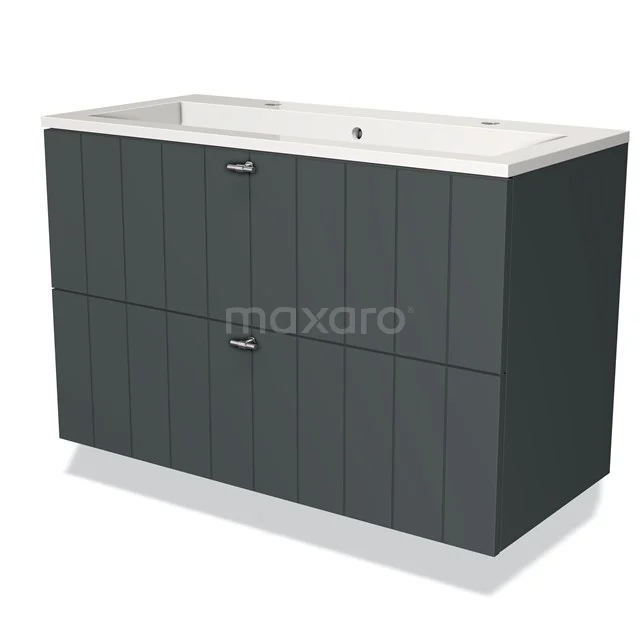 Grijs badkamermeubel met verticale lijnen, brede dubbele lades en witte wastafel. Modern design, ideale opbergoplossing.