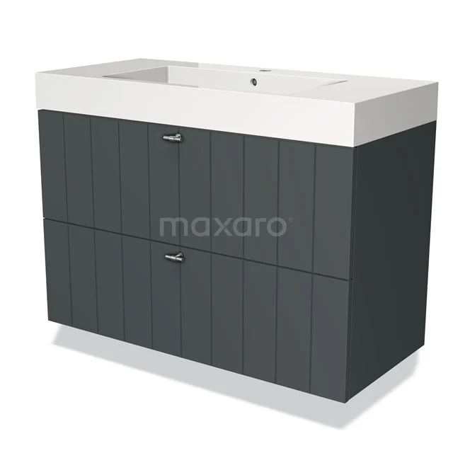 Grijze badkamermeubel met houtstructuur, dubbele lades en witte keramische wastafel, modern design.