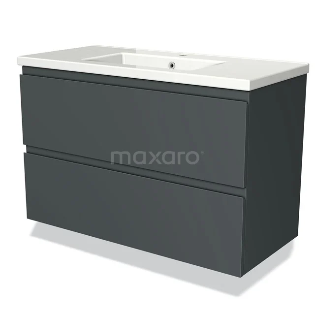 Anthracite-grey bathroom furniture set with white basin, modern design, 2 drawers, scratch-resistant material, ideal for bathroom storage.