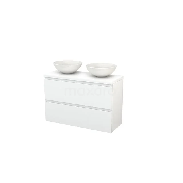 Modulo+ Plato Slim Vanity units for countertop basin | 100 cm High-gloss white front High-gloss white worktop 2 Stacked drawers BMD000136 White bathroom furniture set with two countertop wash basins, sleek design, high-gloss finish and double drawers for optimal storage space.
