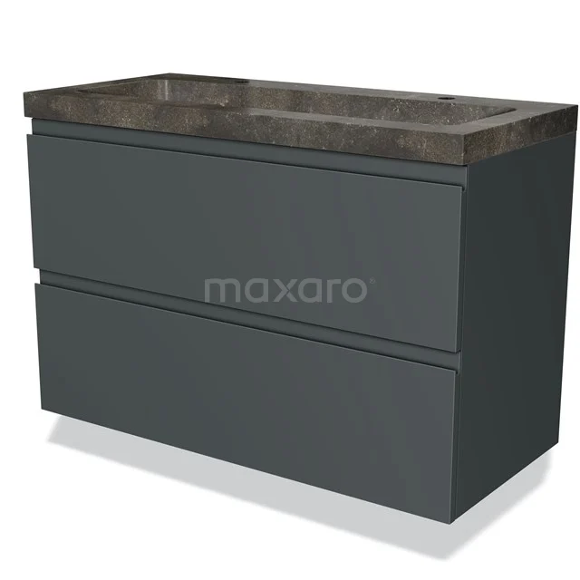 Grijze badkamermeubelset met betonnen wastafelblad, moderne look en twee lades voor praktische opbergruimte.