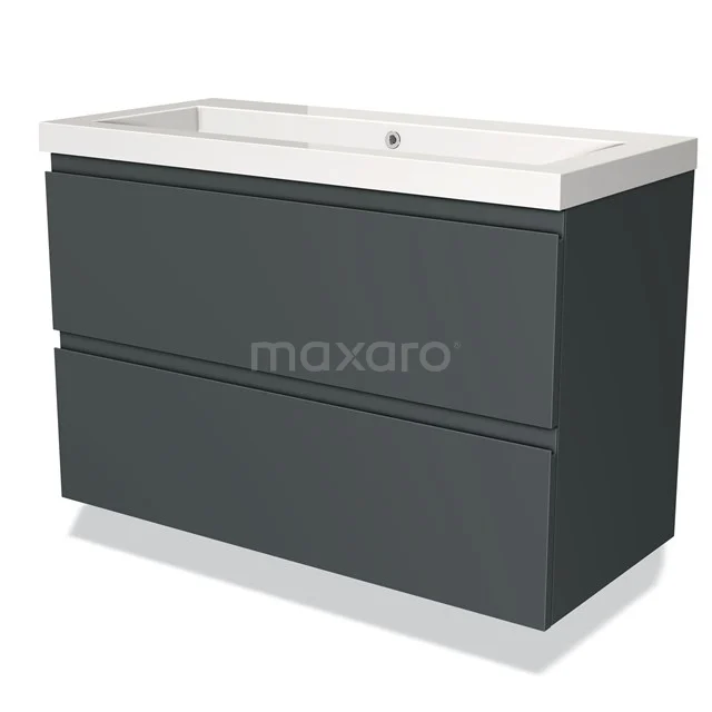 Donkergrijze badkamermeubelset met twee lades en witte wastafel, modern ontwerp van hoogwaardig materiaal.