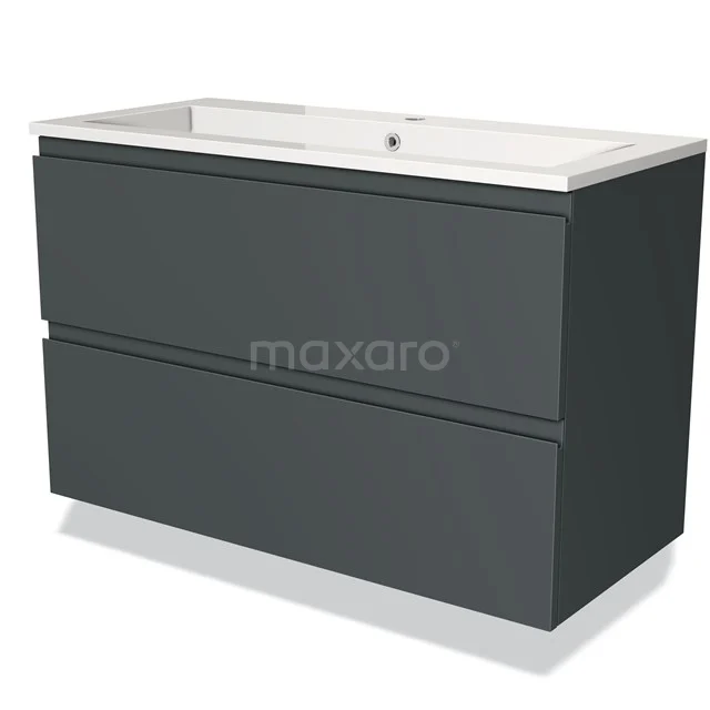Donkergrijze badkamerkast met geïntegreerde wastafel, strak design en twee lades; ideaal voor moderne badkameropslag.