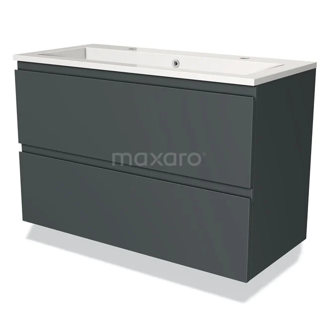 Dark grey bathroom furniture set with sleek design, double drawers and white ceramic double basin, ideal for modern bathrooms.