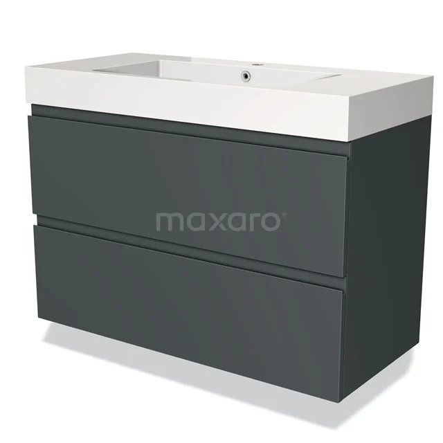 Donkere grijze badkamerkast met twee lades, glanzende afwerking en witte wastafel; modern design voor stijlvolle badkameropruiming.