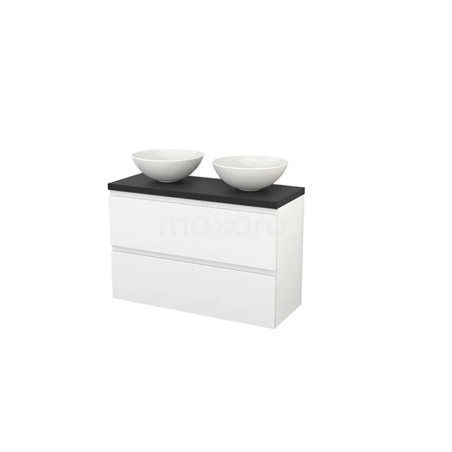 White bathroom unit with black stone worktop and double white countertop wash basins, modern design, ideal for a stylish bathroom.