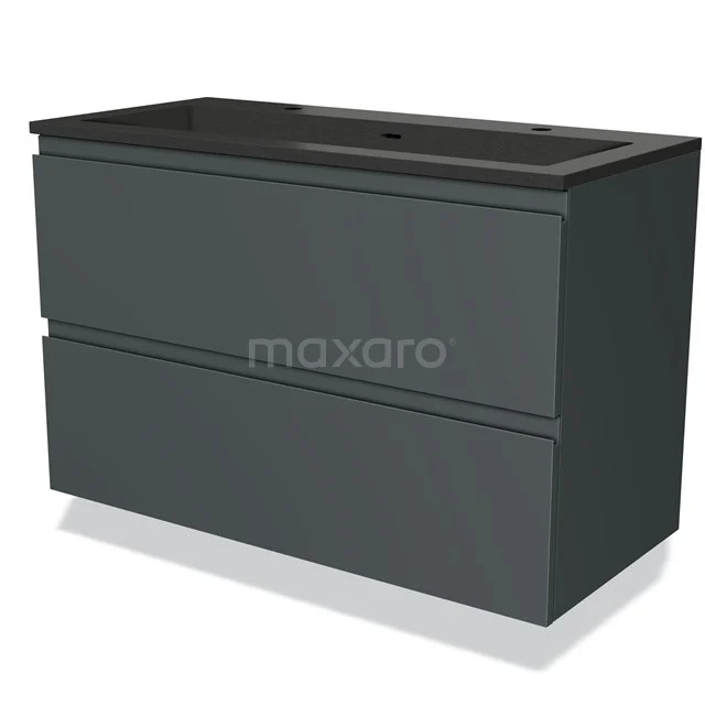 Dunkelgraue Badmöbelset mit doppelten Schubladen und matt schwarzem Waschbecken, schlichtes Design für moderne Bäder.