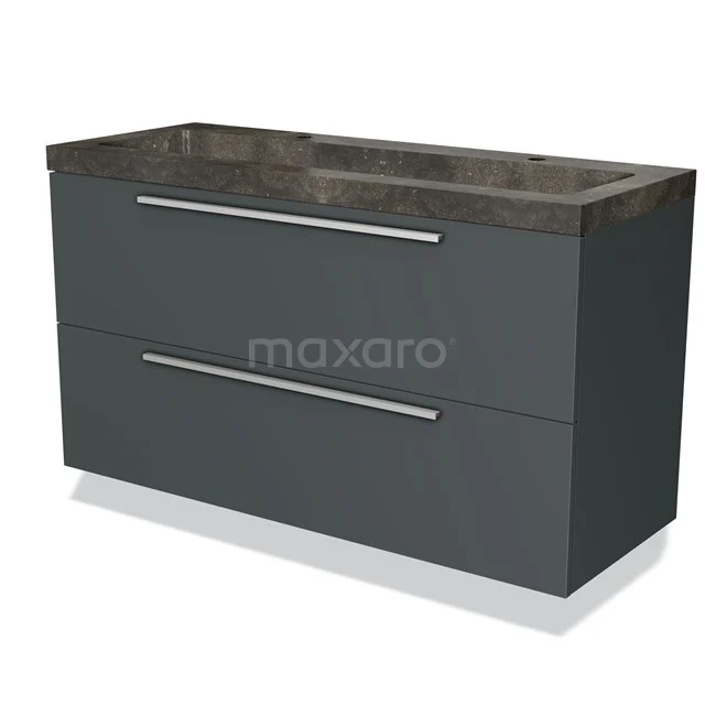 Donkergrijs badkamermeubel met dubbele lade, natuurstenen wastafel en slanke handgrepen, ideaal voor stijlvolle badkamers.