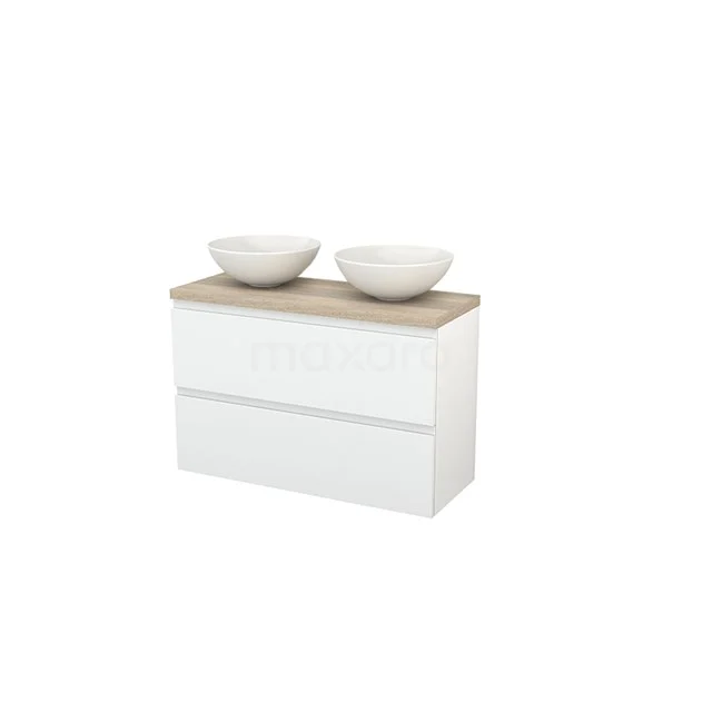 Modulo+ Plato Slim Badmöbel mit Aufsatzwaschbecken | 100 cm Hochglanz Weiß front Eiche blatt 2 übereinanderliegende Schubladen BMD000138 Weißes Badmöbel mit zwei keramischen Aufsatzwaschbecken und einer Holzplatte, modernes Design, ideal für stilvolle Bäder.