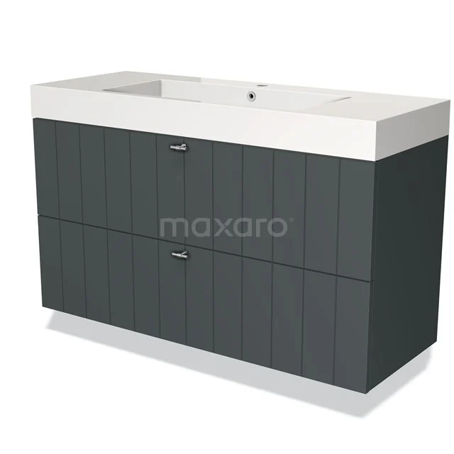 Grijze badkamermeubel met dubbel wastafelblad, moderne groevenstructuur en softclose lades.