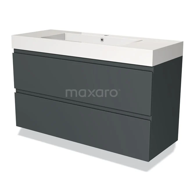 Donkergrijs badkamermeubel met twee lades, wit keramisch wastafelblad, modern design en strakke afwerking.