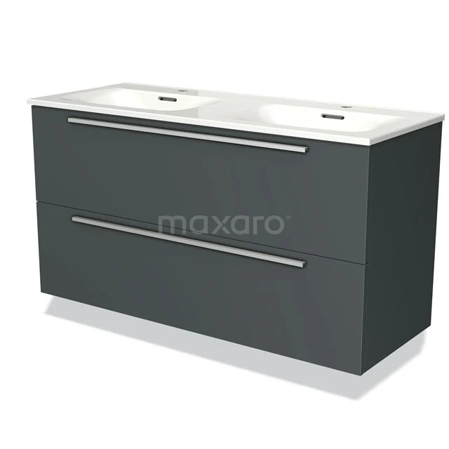 Grey designer bathroom furniture set with double basin, lacquered finish and sleek handles for a modern bathroom style.