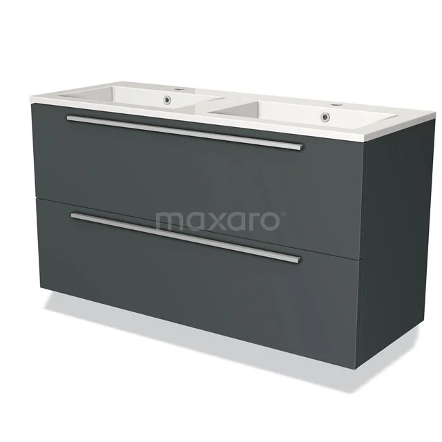 Donkergrijze dubbele wastafelmeubel met strakke lijnen, metalen handgrepen en moderne uitstraling voor een stijlvolle badkamer.