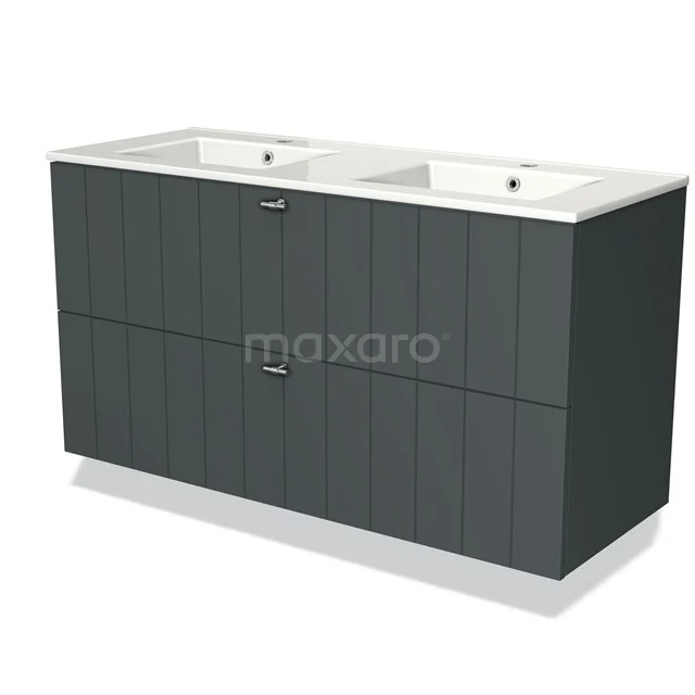 Double vanity unit, dark grey wood pattern, with ceramic sinks. Stylish bathroom solution with modern design.