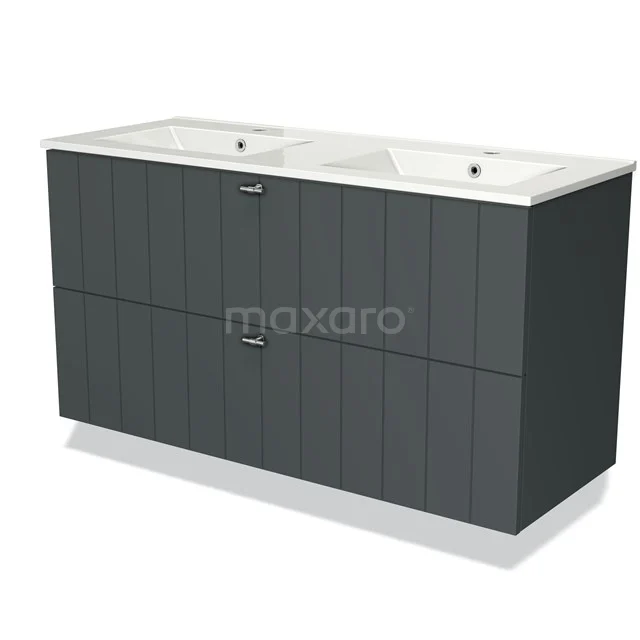 Donkergrijze dubbele badkamermeubel met keramische wastafels, moderne afwerking en verticale lijnen design.