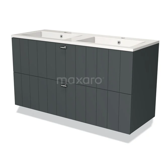 Double basin with dark grey slatted cabinet, modern finish, perfect for stylish bathroom design.