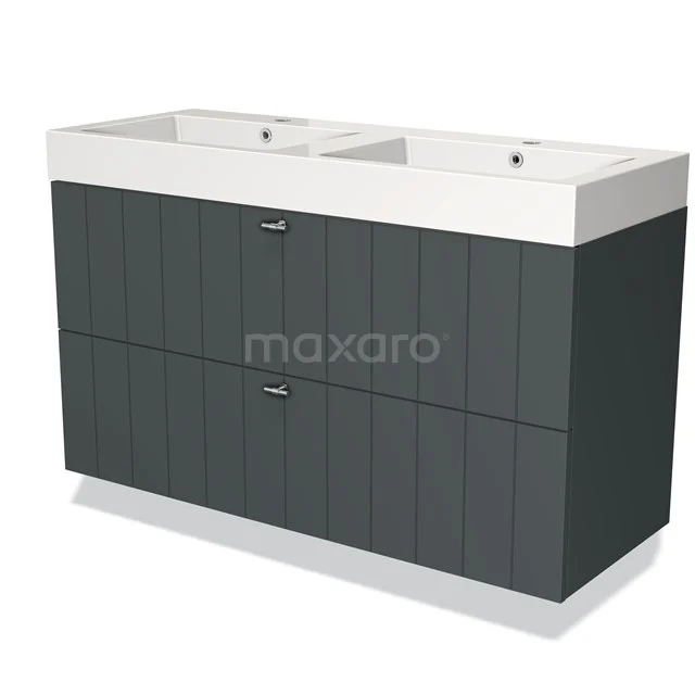 Moderne, antraciet dubbel wastafelmeubel met witte keramische wastafel, elegante lijnen en twee lades voor badkameropslag.