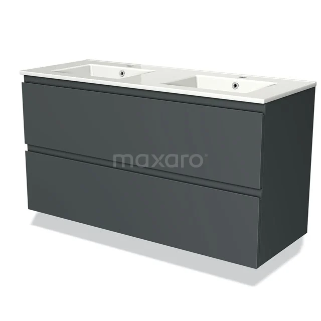 Donkergrijze dubbele wastafelmeubel met mat afwerking, twee keramische waskommen en soft-close lades, perfect voor de moderne badkamer.