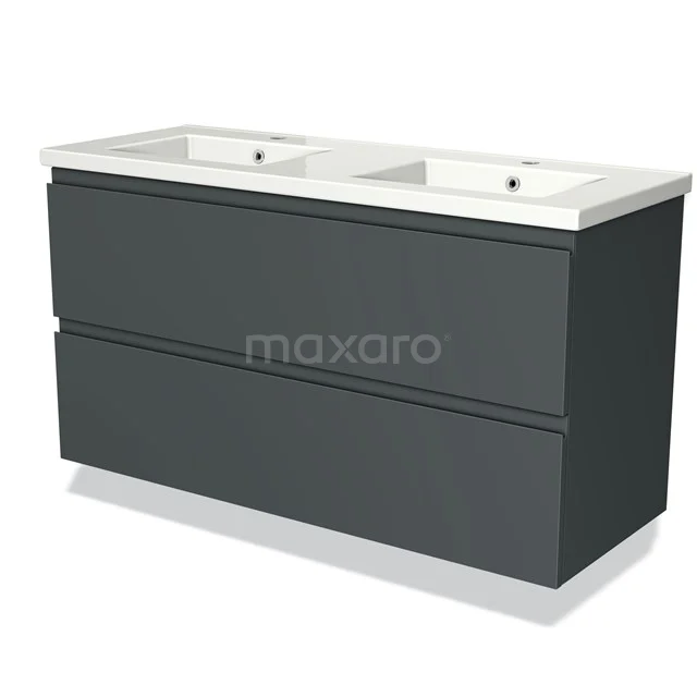 Dark grey hanging bathroom furniture set with double basin, modern design and clean lines.