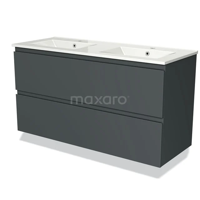 Dark grey bathroom furniture set with double basin, modern look, sleek design and ample storage.