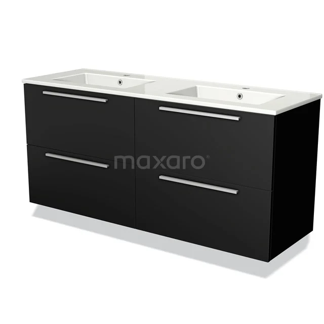 Black double bathroom unit with white ceramic vanity units with basin, minimalist design, spacious drawers for organised bathroom storage.
