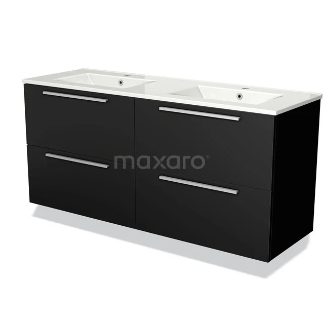 Black double basin with four drawers, glossy finish, ideal for modern bathroom design.