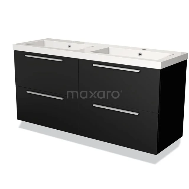 Zwarte badkamermeubelset met dubbele wastafel, modern design, strakke metalen handgrepen en glanzende afwerking.