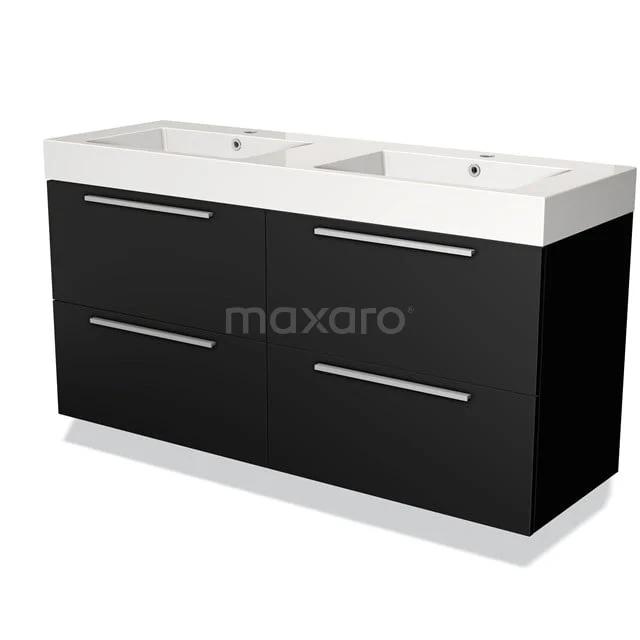 Black double basin set with white basins, sleek design, fitted with chrome handles and generous storage space.