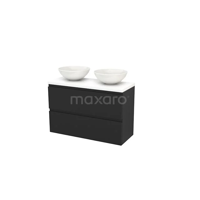 Vanity units for countertop wash basin 100cm Modulo+ Plato Slim Carbon 2 Drawers Handle-less High-gloss white Worktop BMD000147 Black bathroom furniture set with double white countertop wash basins, sleek design, suitable for modern bathrooms.