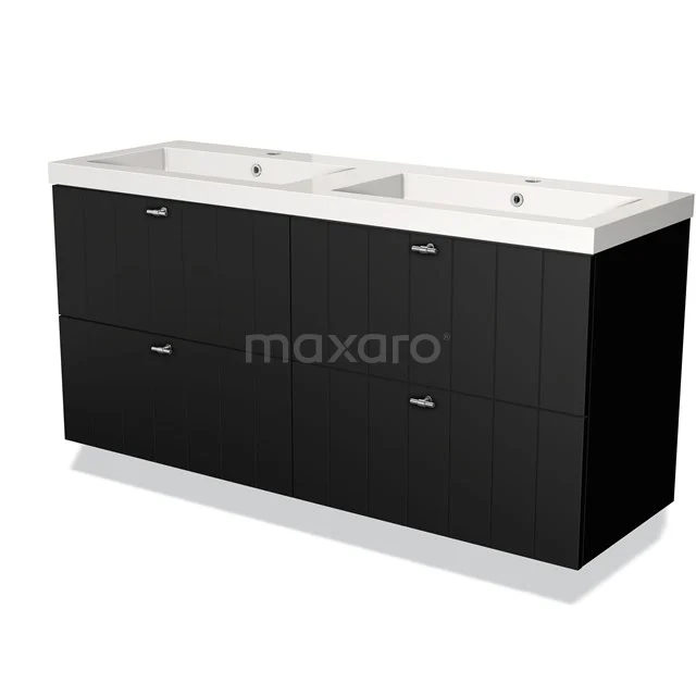 Schwarzes Doppelwaschbecken mit modernem Design, weißen keramischen Aufsatzwaschbecken und Schubladen, perfekt für ein stilvolles Badezimmer.