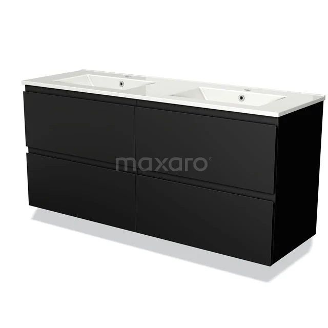 Zwarte badkamermeubelset met dubbele wastafel, strak design, keramiek bovenblad, ideaal voor moderne badkamers.
