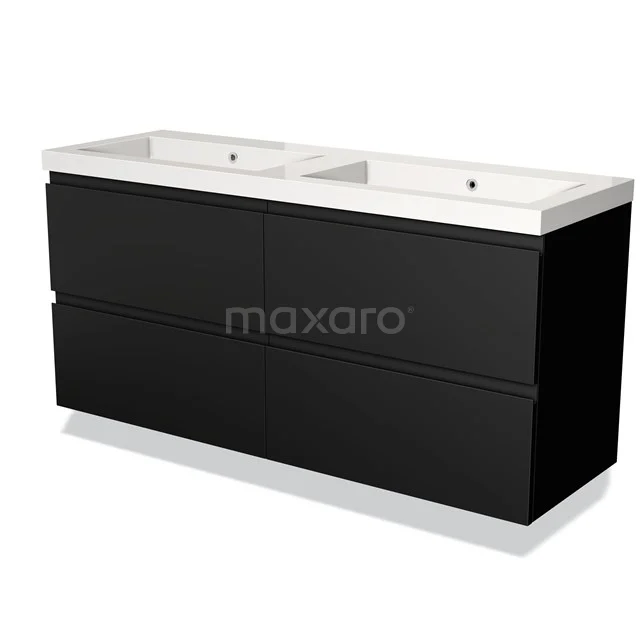 Black double basin vanity unit with high-gloss finish and white ceramic basin; sleek design for modern bathrooms.