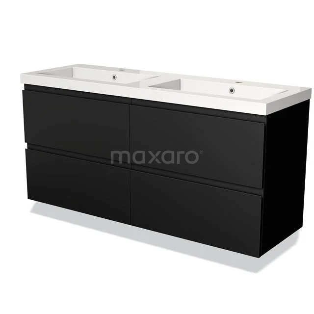 Zwart dubbel wastafelmeubel met witte keramische wastafel, strak design, ideaal voor een moderne badkamer.
