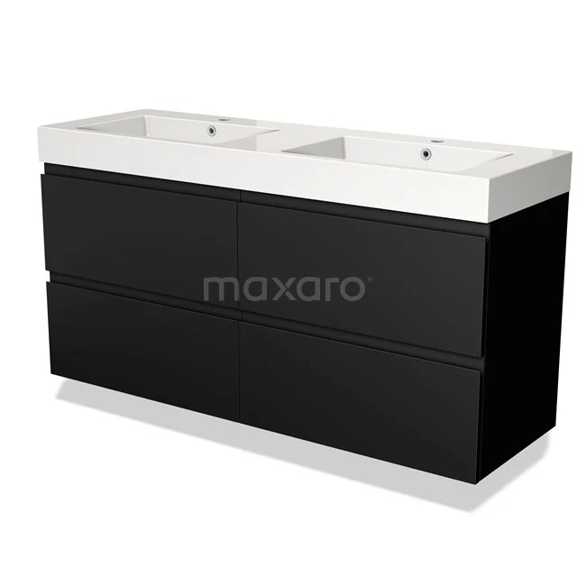 Black bathroom unit with double basin, sleek design, high-gloss finish, ideal for modern bathroom design.