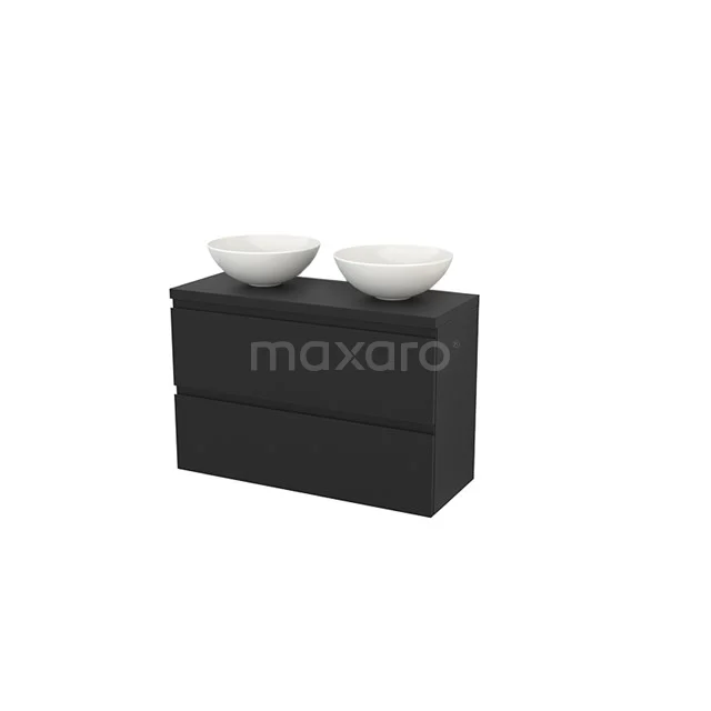 Black vanity set with double countertop wash basins, matte finish, perfect for a modern bathroom style.