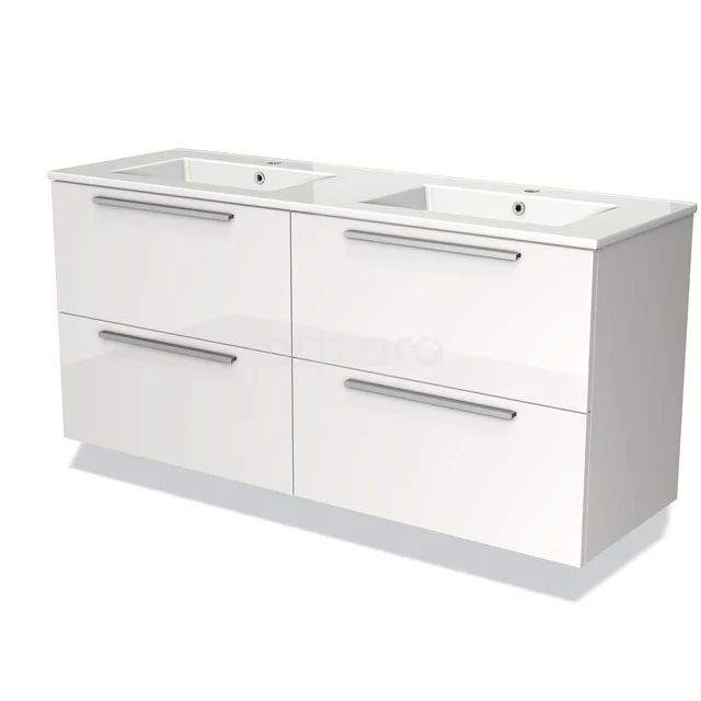 Wit dubbele wastafelonderkast met vier lades, modern design, ideaal voor badkameropslag.