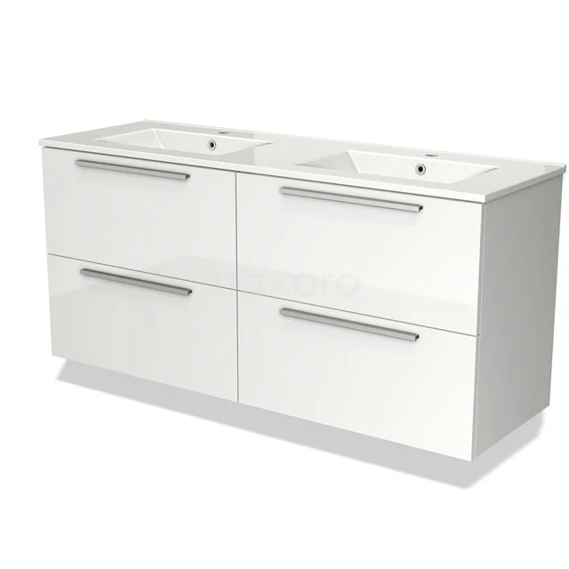 Wit dubbel wastafelmeubel met vier lades, chromen handgrepen en moderne afwerking, perfect voor een stijlvolle badkamer.