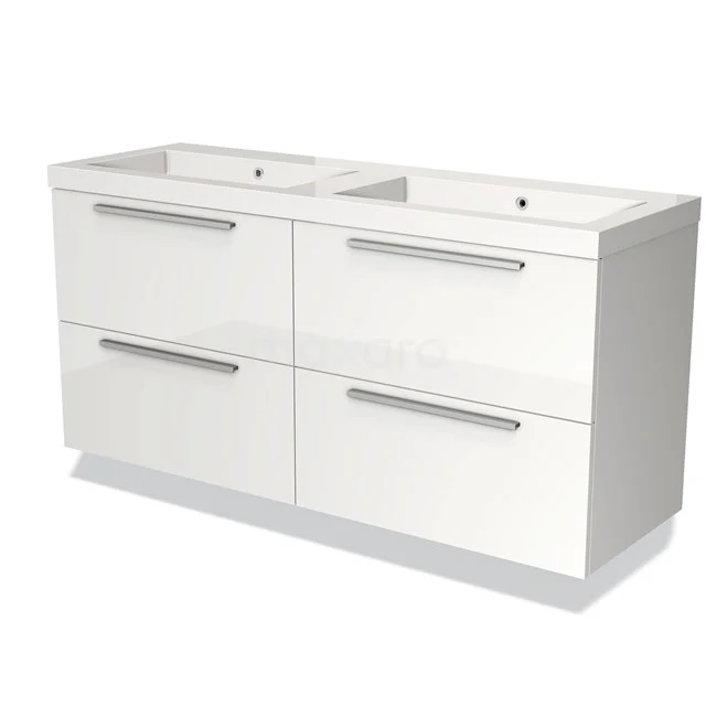 Witte dubbele wastafelmeubel met vier lades en chromen handgrepen, ideaal voor moderne badkamerinrichting.