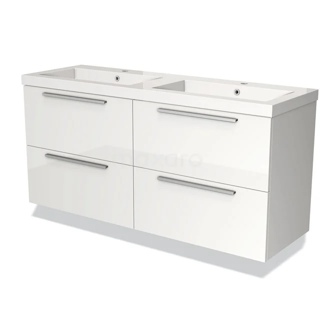 White double vanity unit with four drawers and chrome handles, ideal for stylish bathroom organisation.