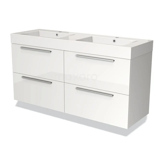 Witte dubbele wastafelmeubel met vier lades, modern design en strakke handgrepen, perfect voor elke stijlvolle badkamer.