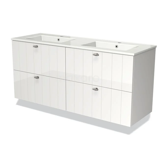 Modulo Bathroom furniture with sink | 140 cm High-gloss white Slat front Ceramic 4 drawers BMW18-00441 White double vanity unit with high-gloss finish and four drawers, ideal for a modern bathroom design.