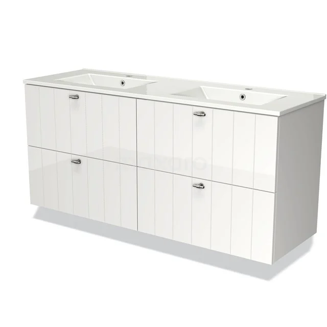 White, double bathroom cabinet with panel doors, four drawers and ceramic basins, modern design ideal for bathroom storage.