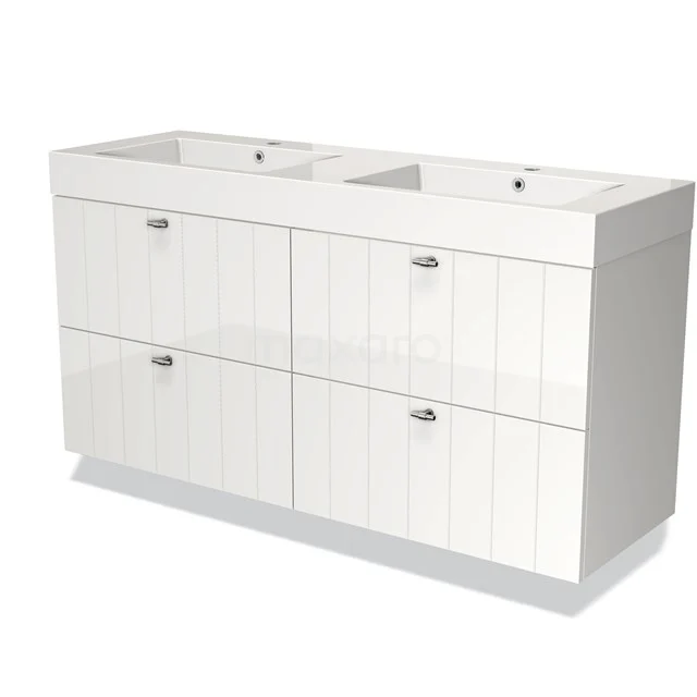 Modulo Bathroom furniture with sink | 140 cm High-gloss white Slat front Mineral marble 4 drawers BMW18-00445 Double white vanity unit with six drawers, country style, ideal for stylish and practical bathroom design.