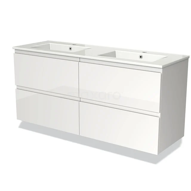Wit badkamermeubel met dubbele wastafel, vier lades, modern design, ideaal voor opbergruimte in een stijlvolle badkamer.