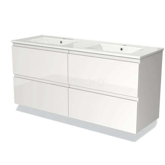 Wit dubbel wastafelmeubel met vier lades, modern design, perfect voor badkameropbergruimte.