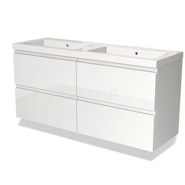 Wit, modern badkamermeubel met dubbele wastafel en soft-close laden, gemaakt van hoogglans materiaal.