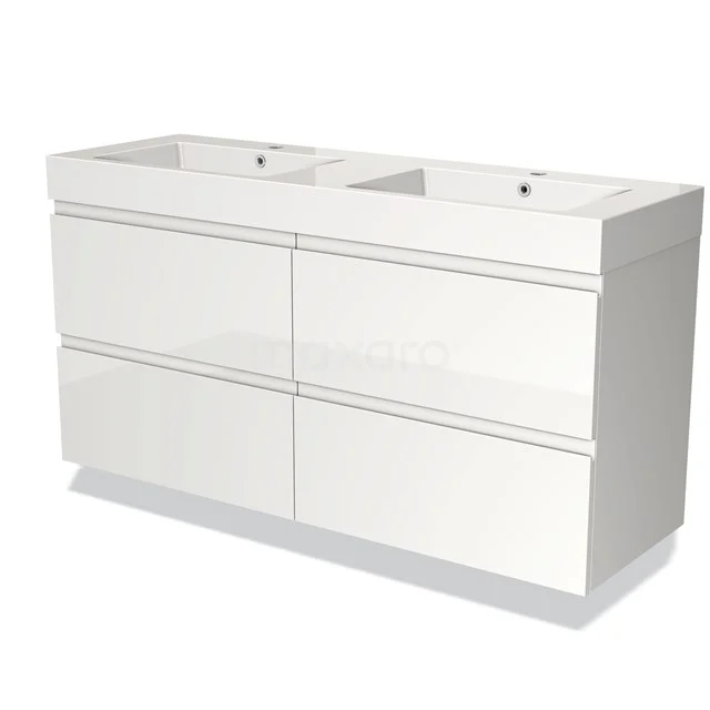 White Bathroom unit with double basin, sleek design, four drawers, glossy finish, ideal for modern bathrooms.