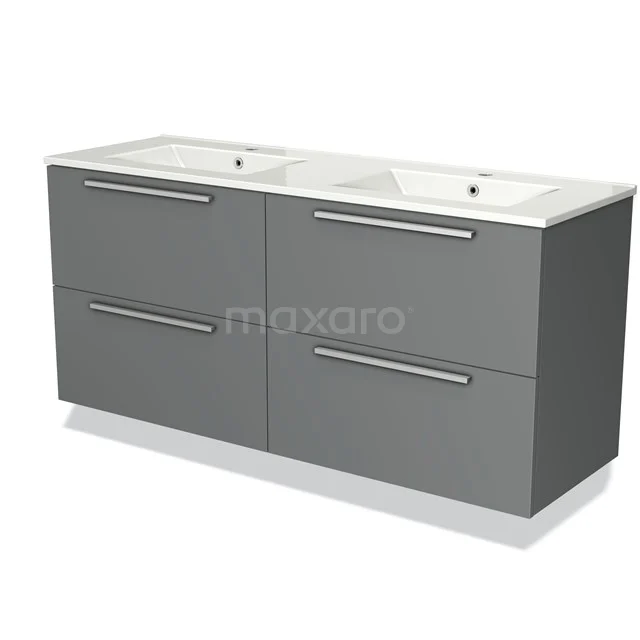 Grey double vanity unit with four drawers, sleek design and metal handles, perfect for a modern bathroom.