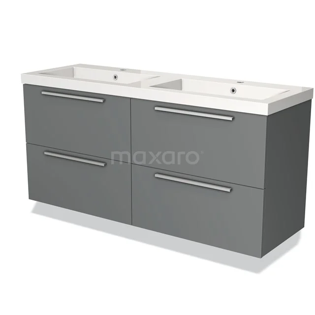 Grijze dubbele wastafelmeubel met vier lades, strak design, ideaal voor moderne badkamerinrichting.
